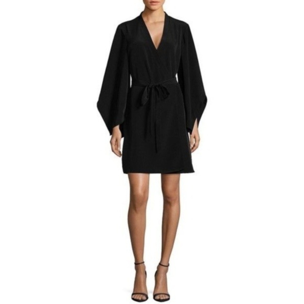 H Halston Split Sleeve Black Wrap Dress Size Small Petite